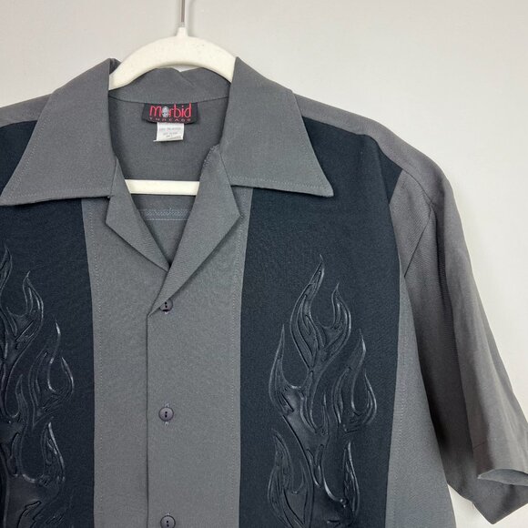 Vintage Morbid Threads Gray Button Up Men’s Medium Black Flames Goth Y2K 90's - Picture 3 of 5